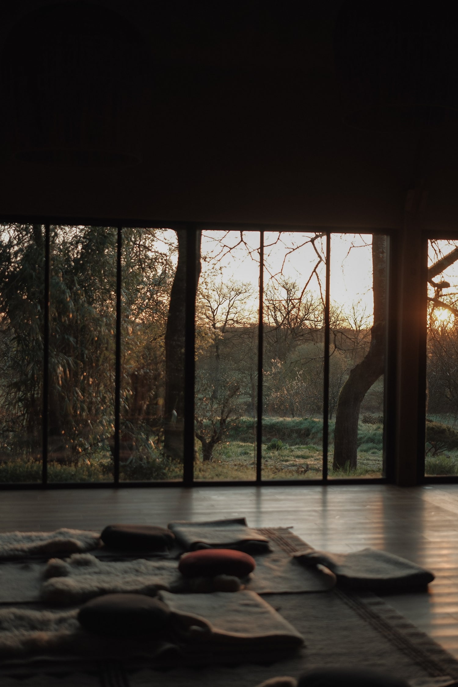 La magnifique salle de l'Arbre qui marche, prête pour un yoga matinal vue sur le lever de soleil dans le jardin