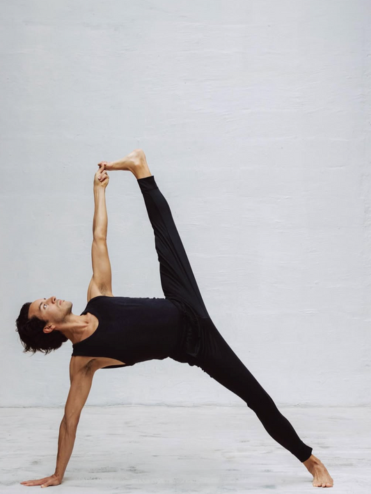 Nicolas Navarro, professeur de yoga, faisant une posture de yoga aérienne